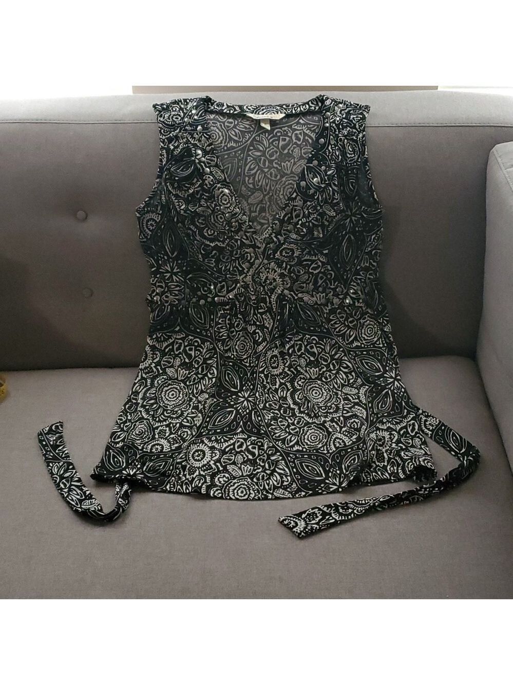 Sexy Speechless top women’s size small s sleeveless black pattern tie Babydoll